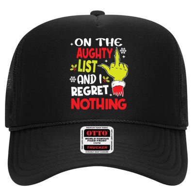 Funny On The List Of Naughty And I Regret Nothing Christmas High Crown Mesh Back Trucker Hat