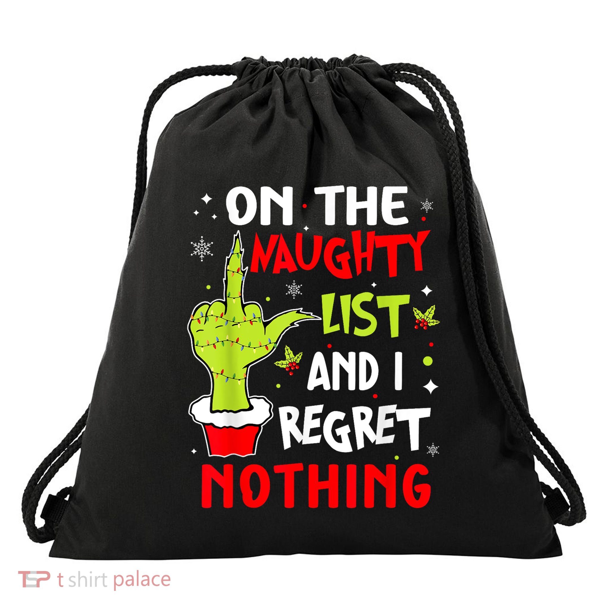 Funny On The List Of Naughty And I Regret Nothing Christmas Drawstring Bag