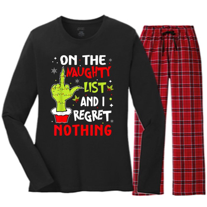 Funny On The List Of Naughty And I Regret Nothing Christmas Women's Long Sleeve Flannel Pajama Set 