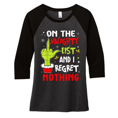 Funny On The List Of Naughty And I Regret Nothing Christmas Women's Tri-Blend 3/4-Sleeve Raglan Shirt