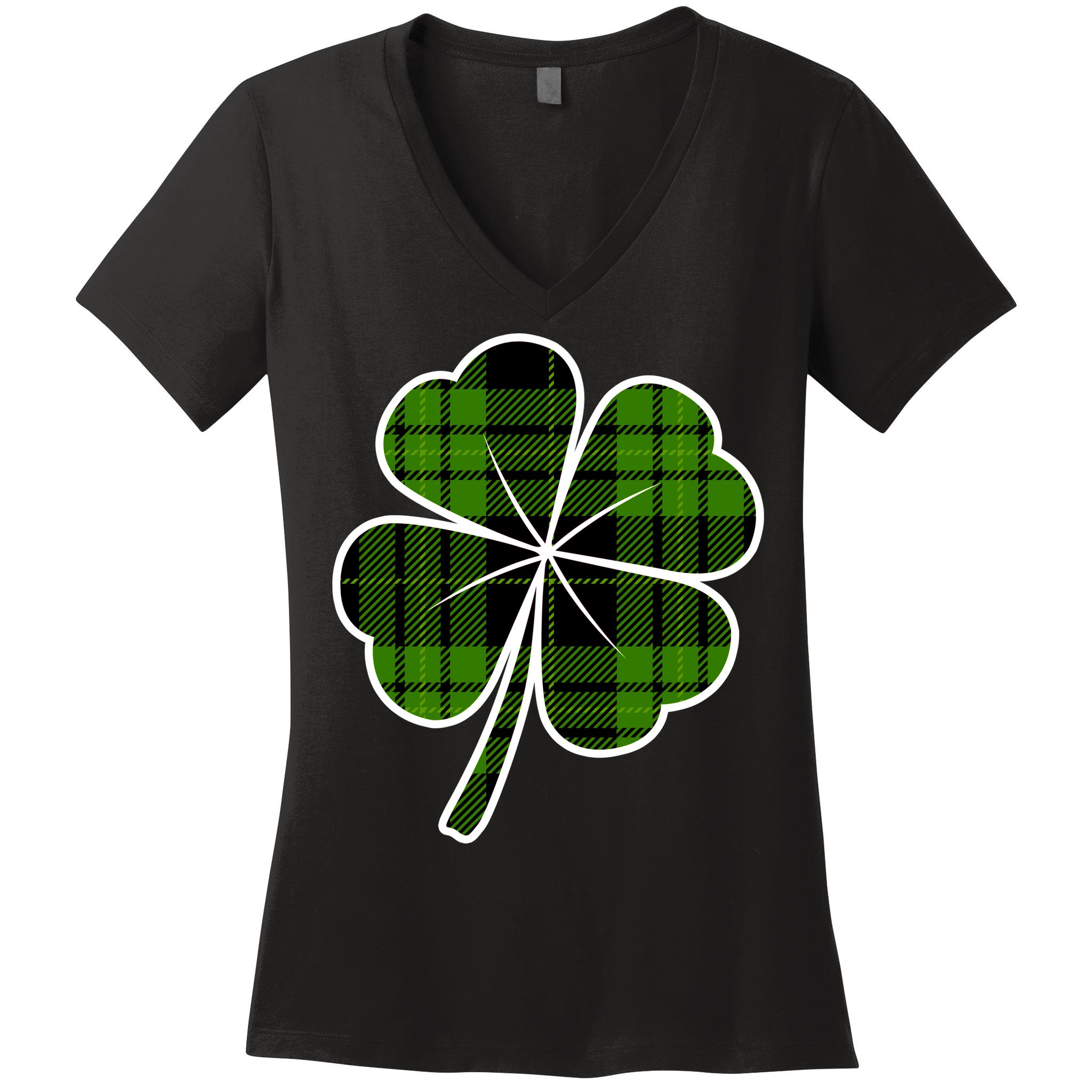 Four Leaf Clover Plaid Women's V-Neck T-Shirt