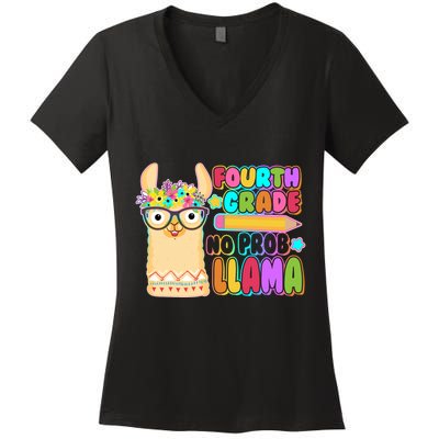 Fourth Grade No Prob Llama 4th Grade Students Teachers Women's V-Neck T-Shirt