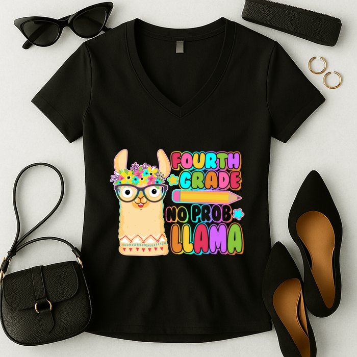 Fourth Grade No Prob Llama 4th Grade Students Teachers Women's V-Neck T-Shirt