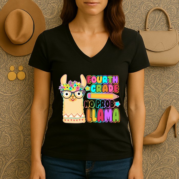 Fourth Grade No Prob Llama 4th Grade Students Teachers Women's V-Neck T-Shirt