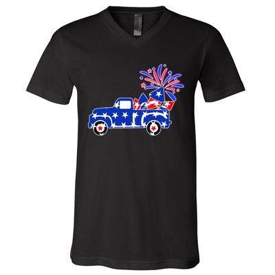 Fourth of July Fireworks Pickup Truck V-Neck T-Shirt