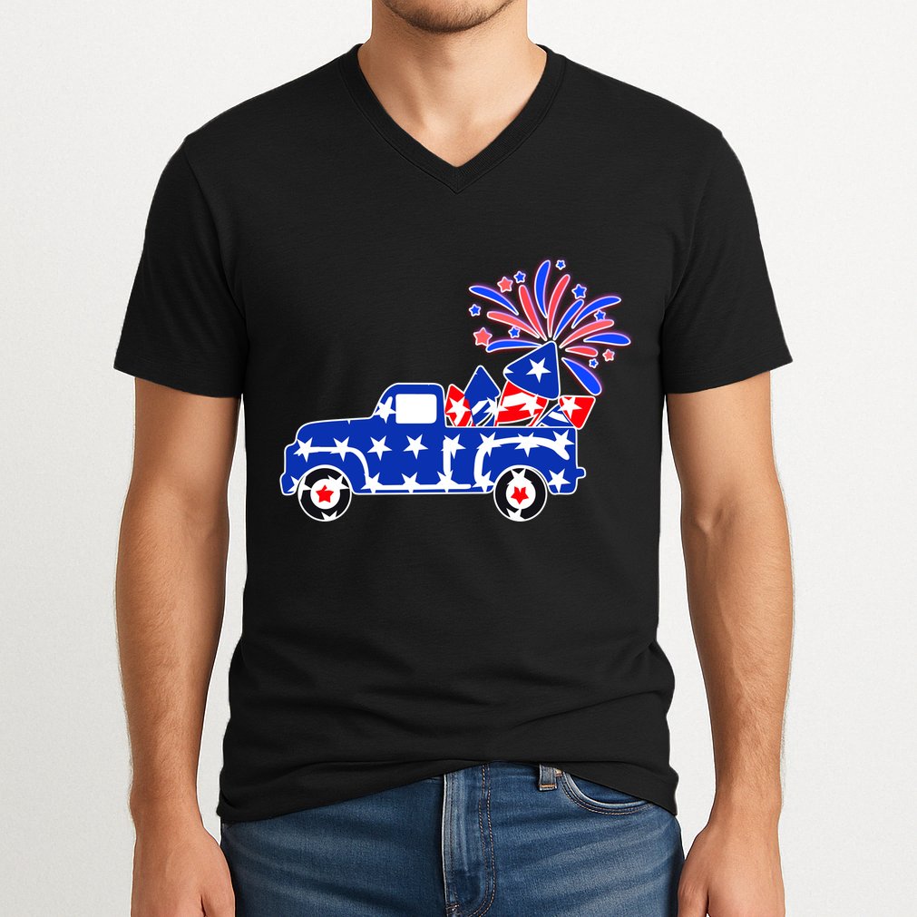 Fourth of July Fireworks Pickup Truck V-Neck T-Shirt