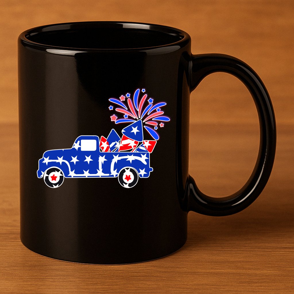 Fourth of July Fireworks Pickup Truck 11oz C Handle Ceramic Mug