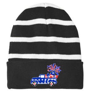 Fourth of July Fireworks Pickup Truck Striped Beanie with Solid Band