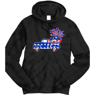 Fourth of July Fireworks Pickup Truck Tie Dye Hoodie