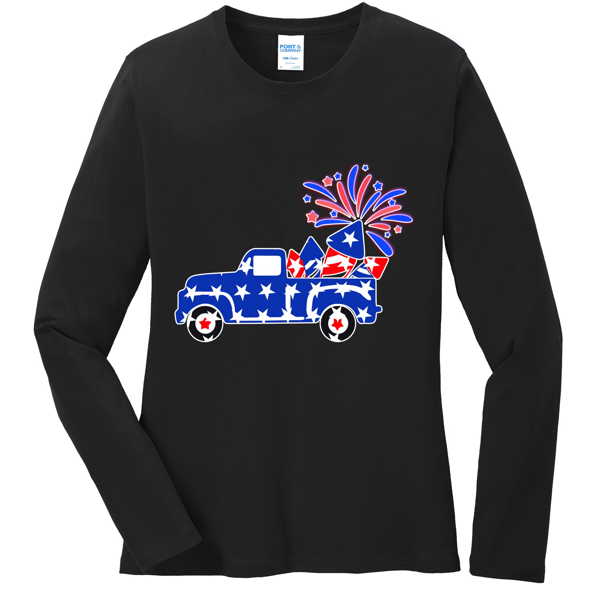 Fourth of July Fireworks Pickup Truck Ladies Long Sleeve Shirt