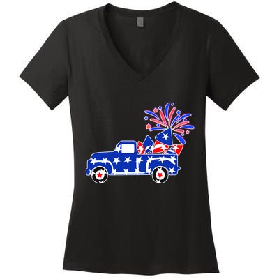 Fourth of July Fireworks Pickup Truck Women's V-Neck T-Shirt