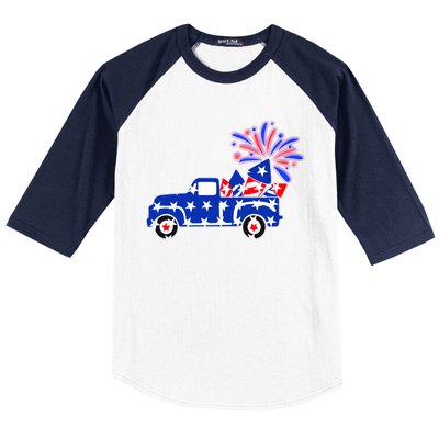 Fourth of July Fireworks Pickup Truck Baseball Sleeve Shirt