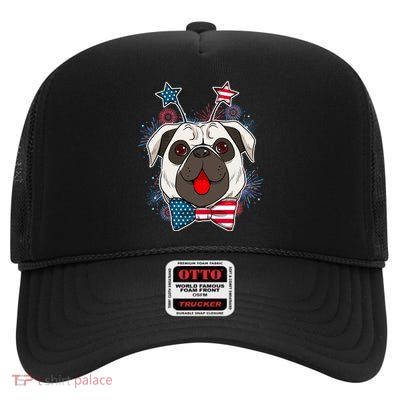 Fourth of July Fireworks Pug Dog High Crown Mesh Back Trucker Hat