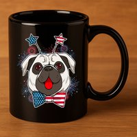 Fourth of July Fireworks Pug Dog 11oz C Handle Ceramic Mug