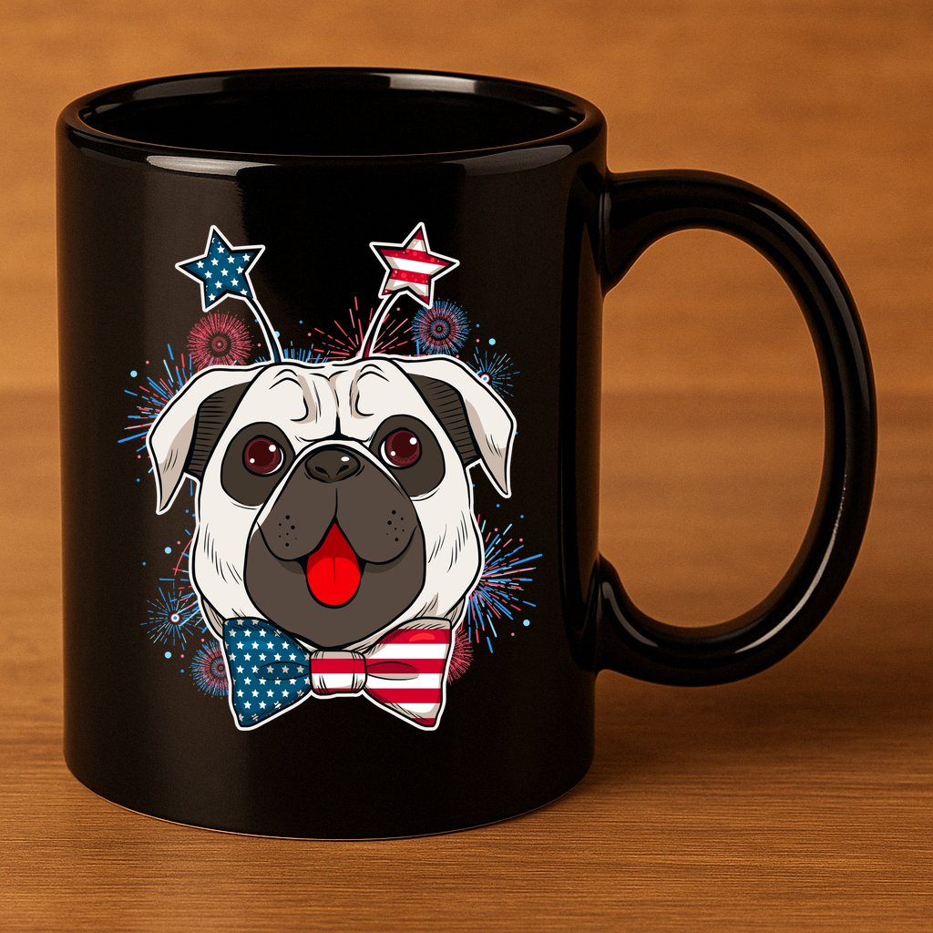 Fourth of July Fireworks Pug Dog 11oz C Handle Ceramic Mug