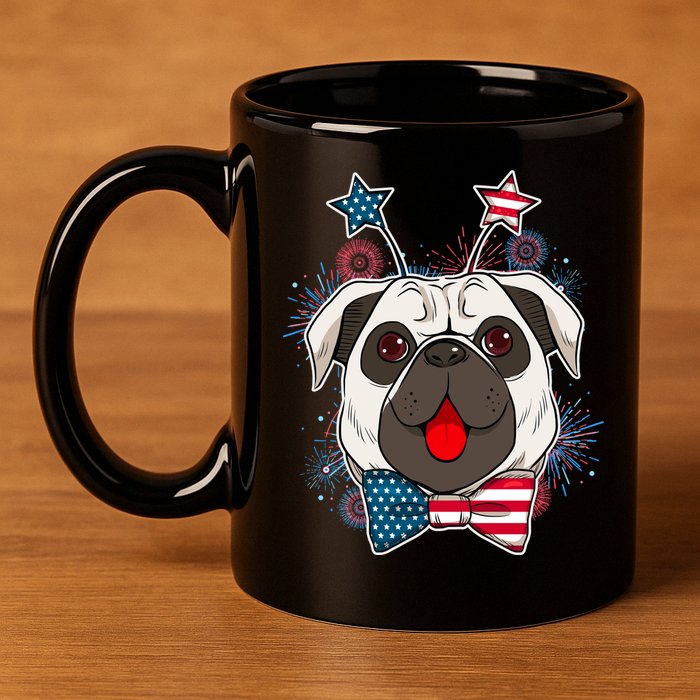 Fourth of July Fireworks Pug Dog 11oz C Handle Ceramic Mug
