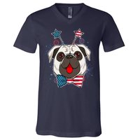 Fourth of July Fireworks Pug Dog V-Neck T-Shirt