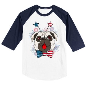 Fourth of July Fireworks Pug Dog Baseball Sleeve Shirt