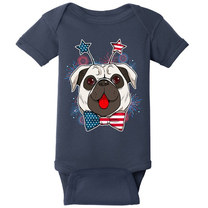 Fourth of July Fireworks Pug Dog Baby Bodysuit