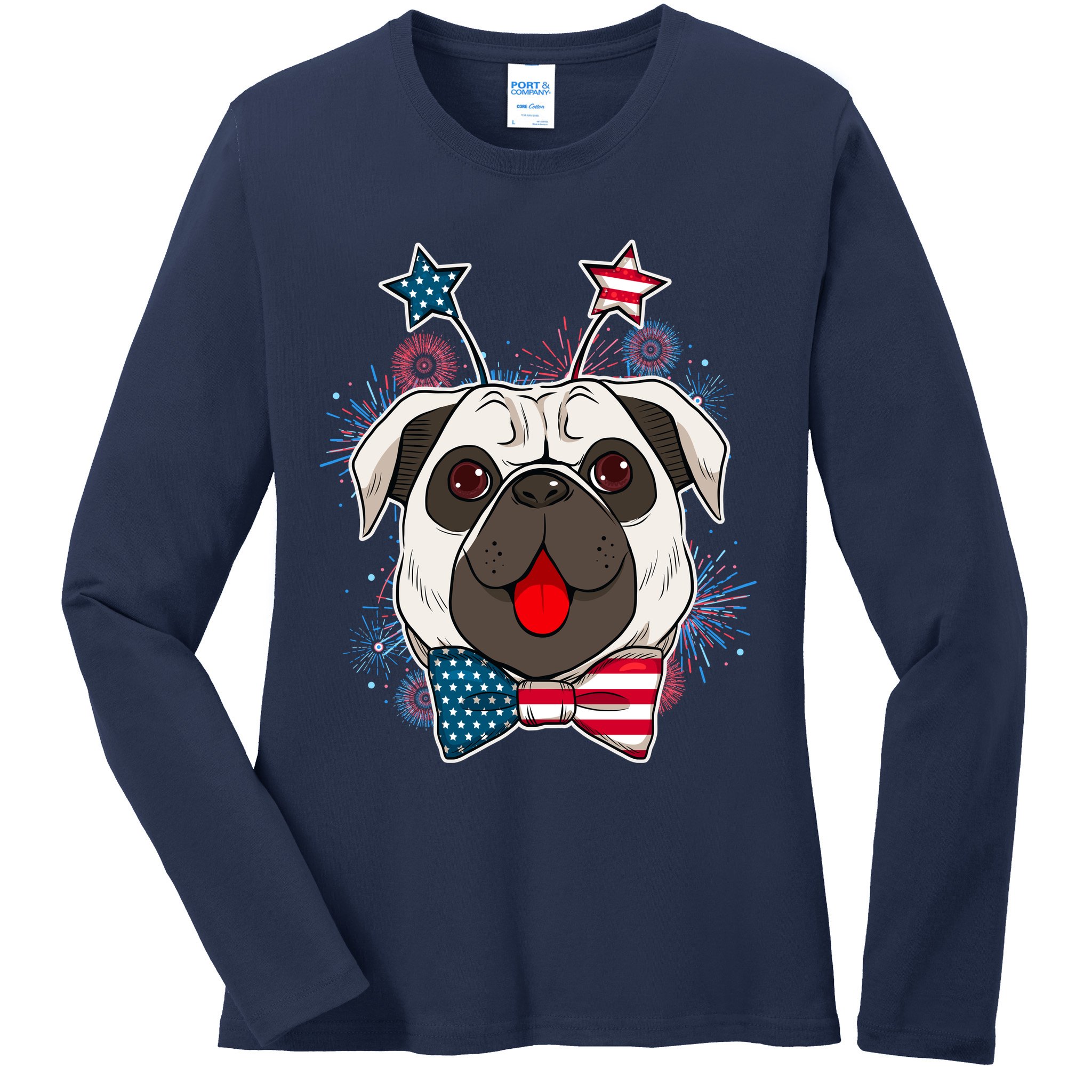 Fourth of July Fireworks Pug Dog Ladies Long Sleeve Shirt