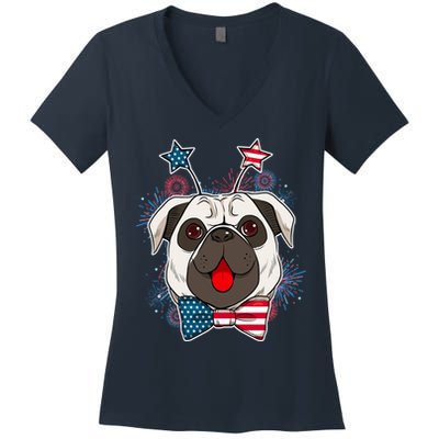 Fourth of July Fireworks Pug Dog Women's V-Neck T-Shirt