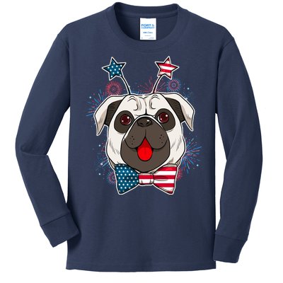 Fourth of July Fireworks Pug Dog Kids Long Sleeve Shirt