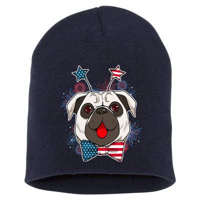 Fourth of July Fireworks Pug Dog Short Acrylic Beanie