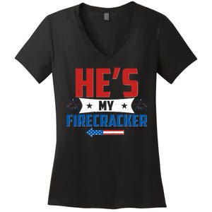 Fourth of July He's My Firecracker Matching Shirt Women's V-Neck T-Shirt