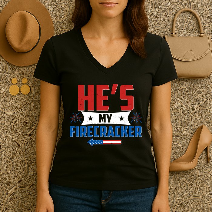 Fourth of July He's My Firecracker Matching Shirt Women's V-Neck T-Shirt