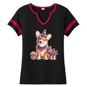 Fourth of July USA American Corgi Ladies Halftime Notch Neck Tee