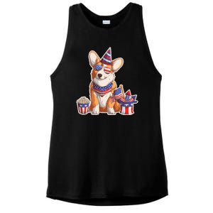 Fourth of July USA American Corgi Ladies PosiCharge Tri-Blend Wicking Tank