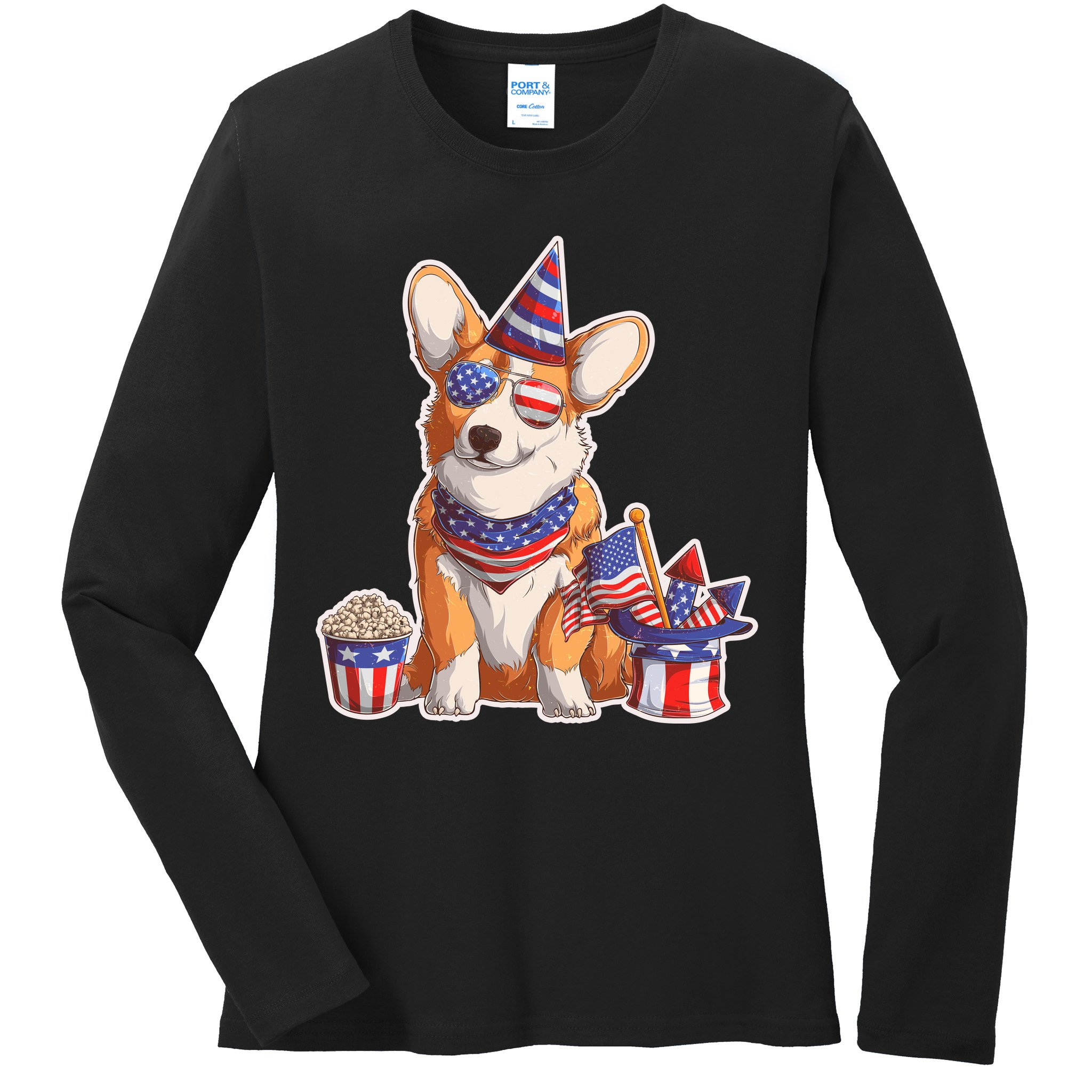 Fourth of July USA American Corgi Ladies Long Sleeve Shirt