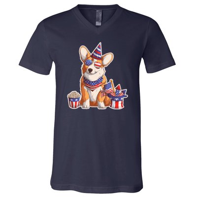 Fourth of July USA American Corgi V-Neck T-Shirt