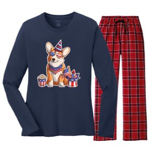 Fourth of July USA American Corgi Women's Long Sleeve Flannel Pajama Set 