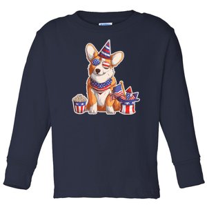 Fourth of July USA American Corgi Toddler Long Sleeve Shirt