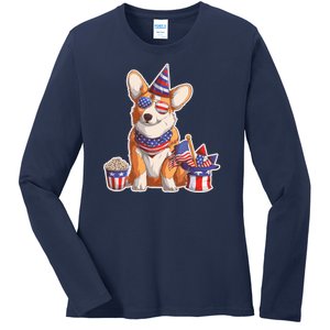 Fourth of July USA American Corgi Ladies Long Sleeve Shirt