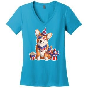 Fourth of July USA American Corgi Women's V-Neck T-Shirt