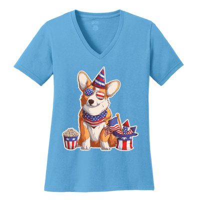 Fourth of July USA American Corgi Women's V-Neck T-Shirt