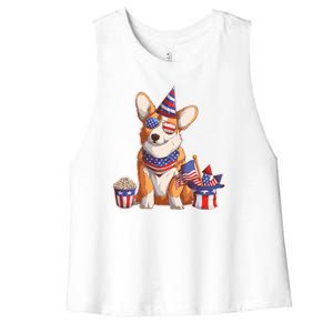 Fourth of July USA American Corgi Women's Racerback Cropped Tank