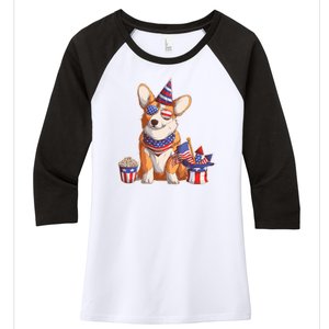 Fourth of July USA American Corgi Women's Tri-Blend 3/4-Sleeve Raglan Shirt