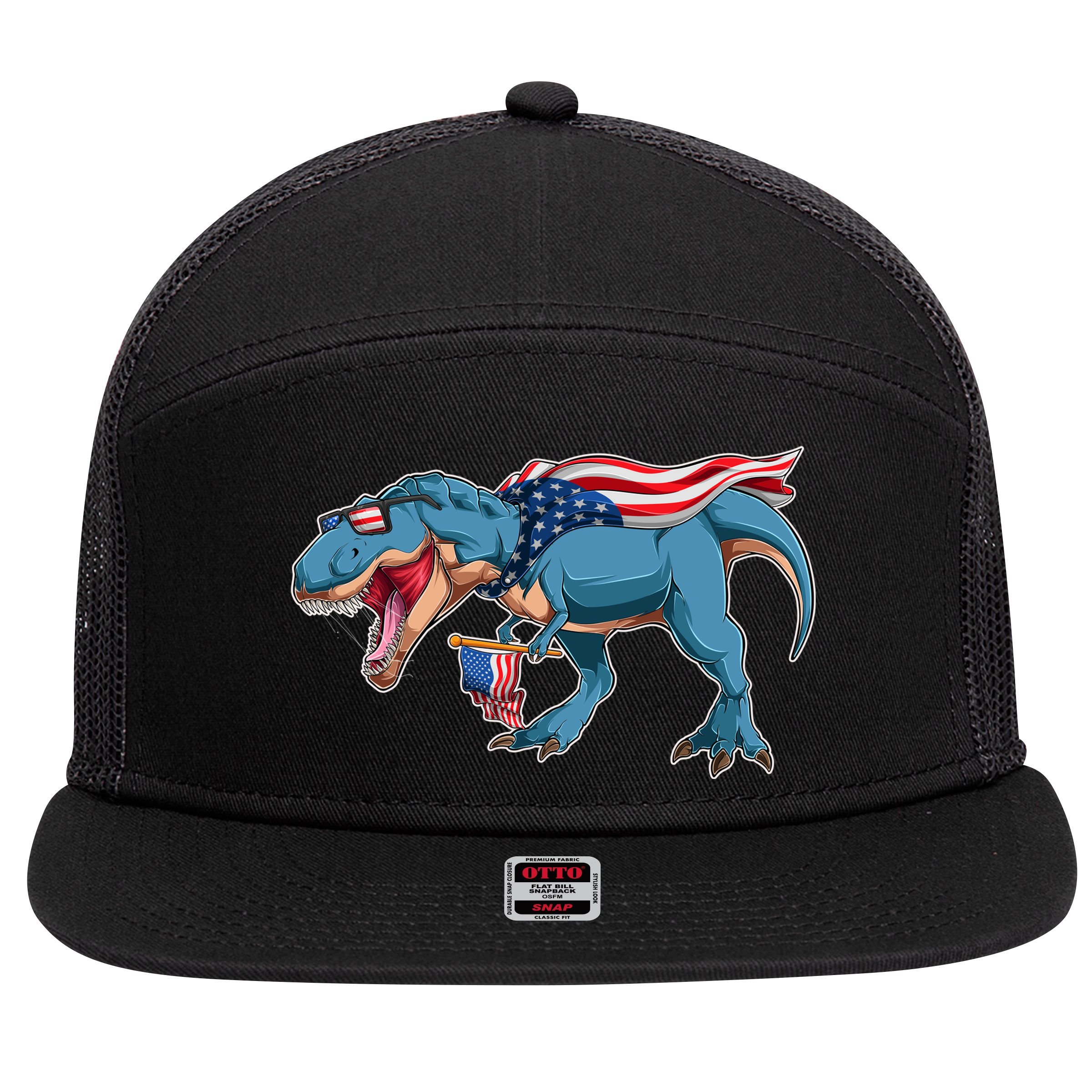 Fourth of July USA American T-Rex 7 Panel Mesh Trucker Snapback Hat