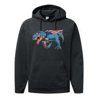 Fourth of July USA American T-Rex Performance Fleece Hoodie