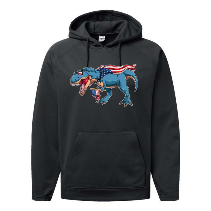 Fourth of July USA American T-Rex Performance Fleece Hoodie