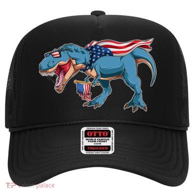 Fourth of July USA American T-Rex High Crown Mesh Back Trucker Hat