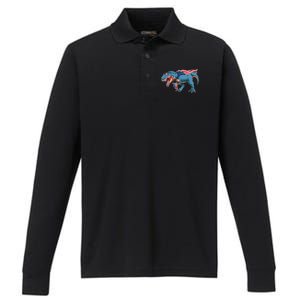 Fourth of July USA American T-Rex Performance Long Sleeve Polo