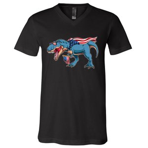 Fourth of July USA American T-Rex V-Neck T-Shirt