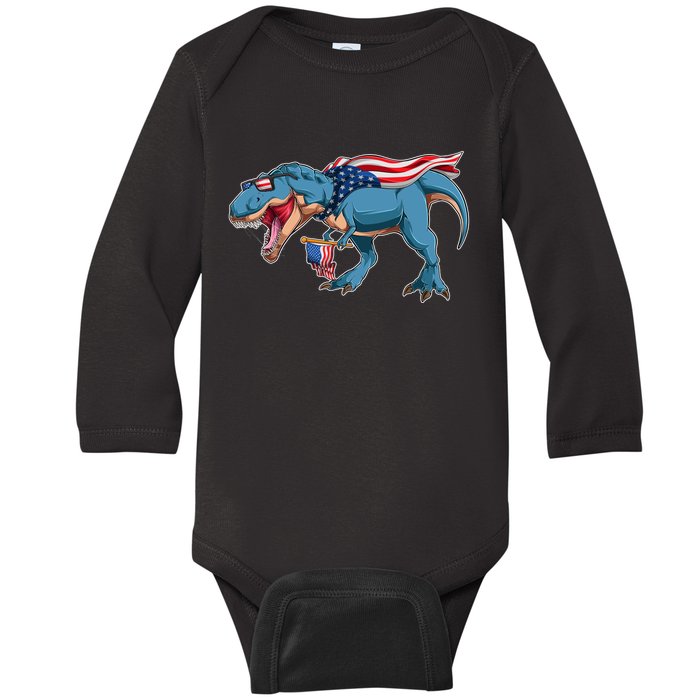 Fourth of July USA American T-Rex Baby Long Sleeve Bodysuit