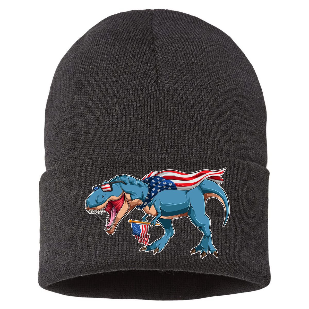 Fourth of July USA American T-Rex Sustainable Knit Beanie