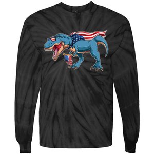 Fourth of July USA American T-Rex Tie-Dye Long Sleeve Shirt