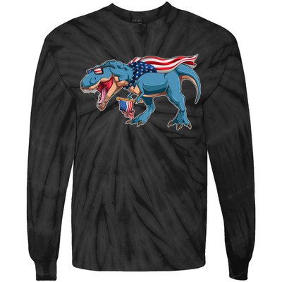 Fourth of July USA American T-Rex Tie-Dye Long Sleeve Shirt